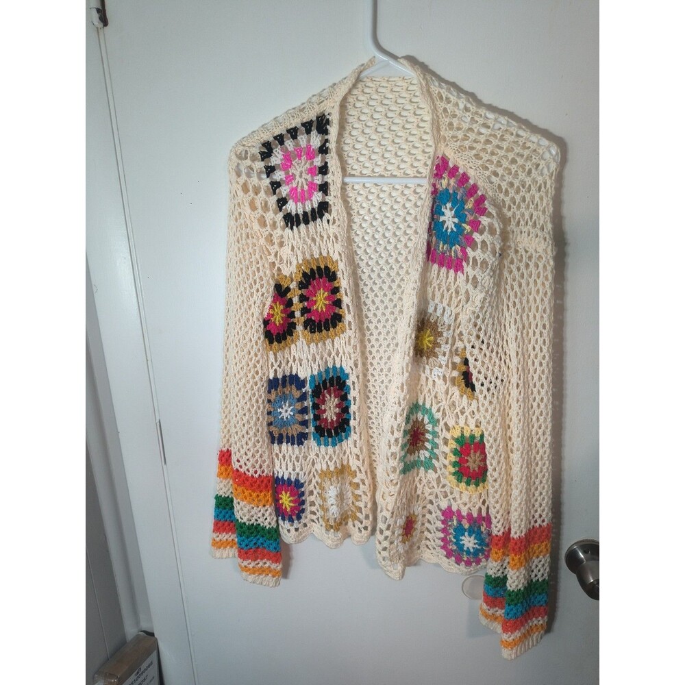 Boho Granny Square Crochet Cardigan Rainbow Stripe Knit Open Front Festival Top